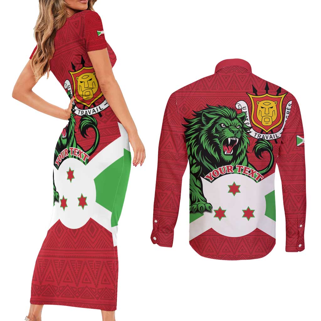 Personalized Burundi Couples Matching Short Sleeve Bodycon Dress and Long Sleeve Button Shirt Lion and Coat Of Arms - Flag Style