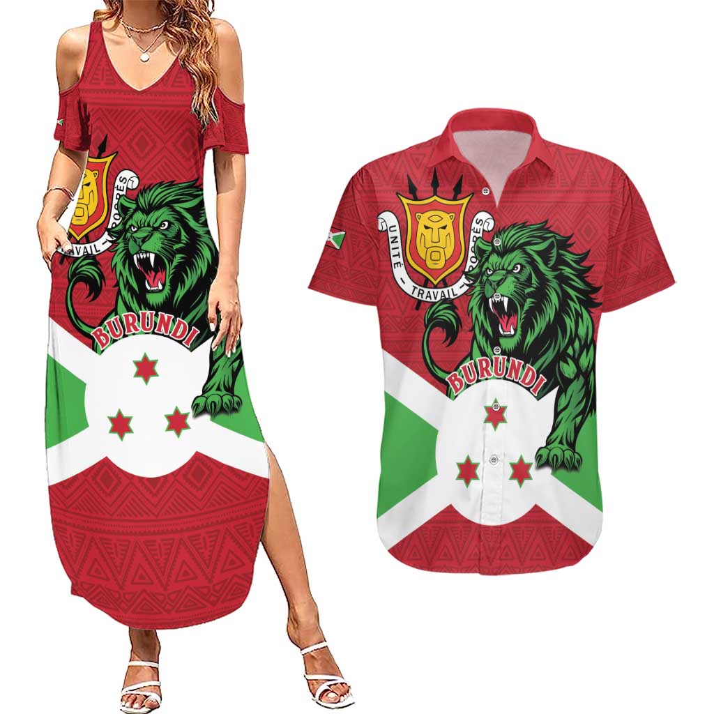 Personalized Burundi Couples Matching Summer Maxi Dress and Hawaiian Shirt Lion and Coat Of Arms - Flag Style