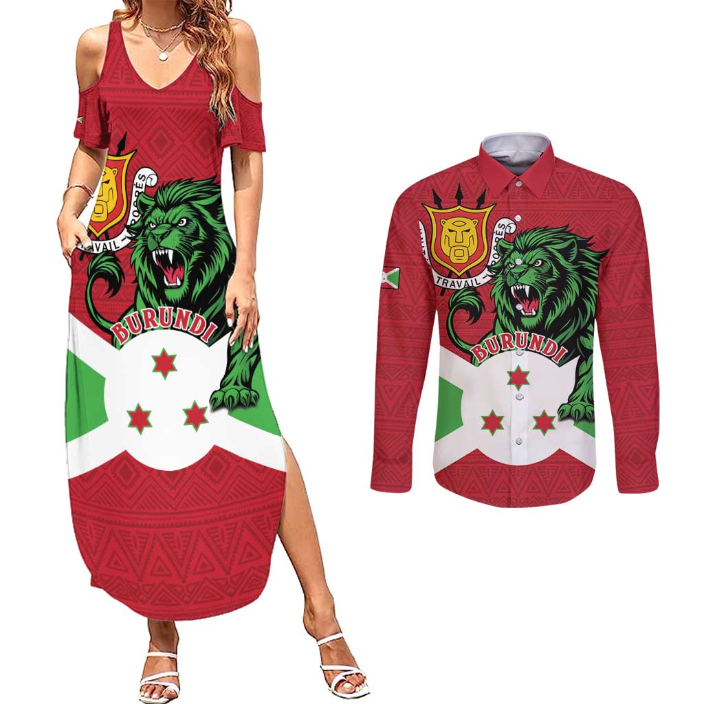 Personalized Burundi Couples Matching Summer Maxi Dress and Long Sleeve Button Shirt Lion and Coat Of Arms - Flag Style