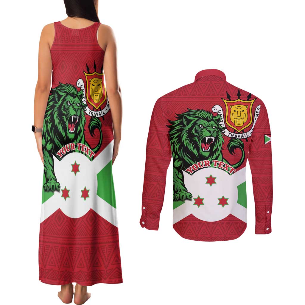 Personalized Burundi Couples Matching Tank Maxi Dress and Long Sleeve Button Shirt Lion and Coat Of Arms - Flag Style