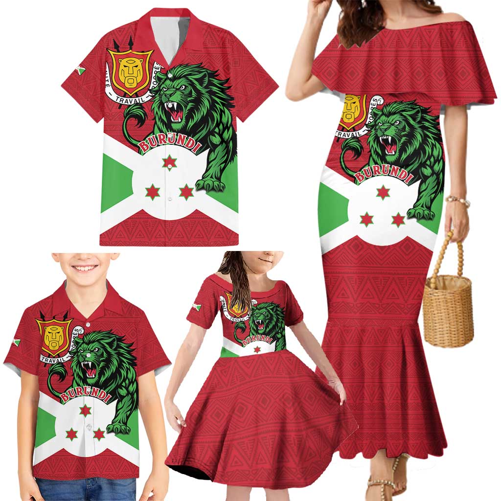 Personalized Burundi Family Matching Mermaid Dress and Hawaiian Shirt Lion and Coat Of Arms - Flag Style