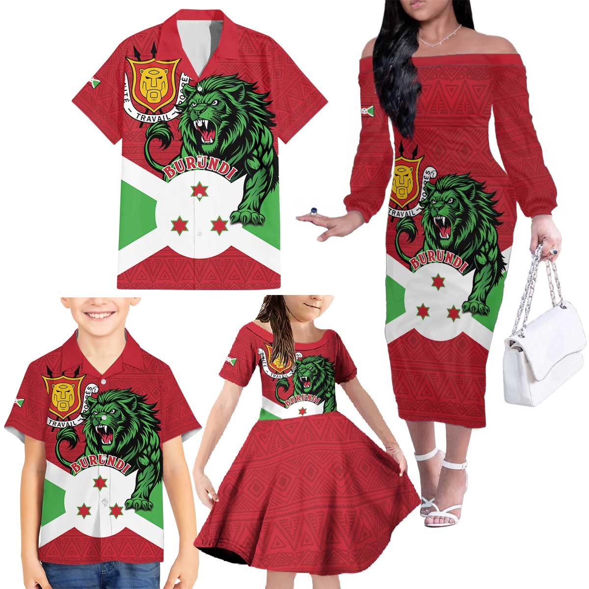 Personalized Burundi Family Matching Off The Shoulder Long Sleeve Dress and Hawaiian Shirt Lion and Coat Of Arms - Flag Style