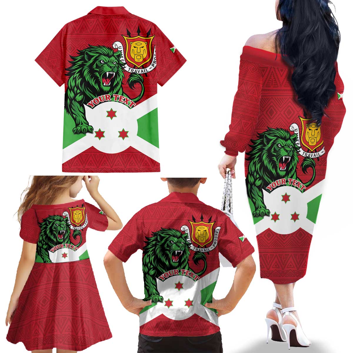 Personalized Burundi Family Matching Off The Shoulder Long Sleeve Dress and Hawaiian Shirt Lion and Coat Of Arms - Flag Style