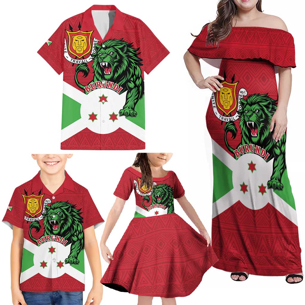 Personalized Burundi Family Matching Off Shoulder Maxi Dress and Hawaiian Shirt Lion and Coat Of Arms - Flag Style