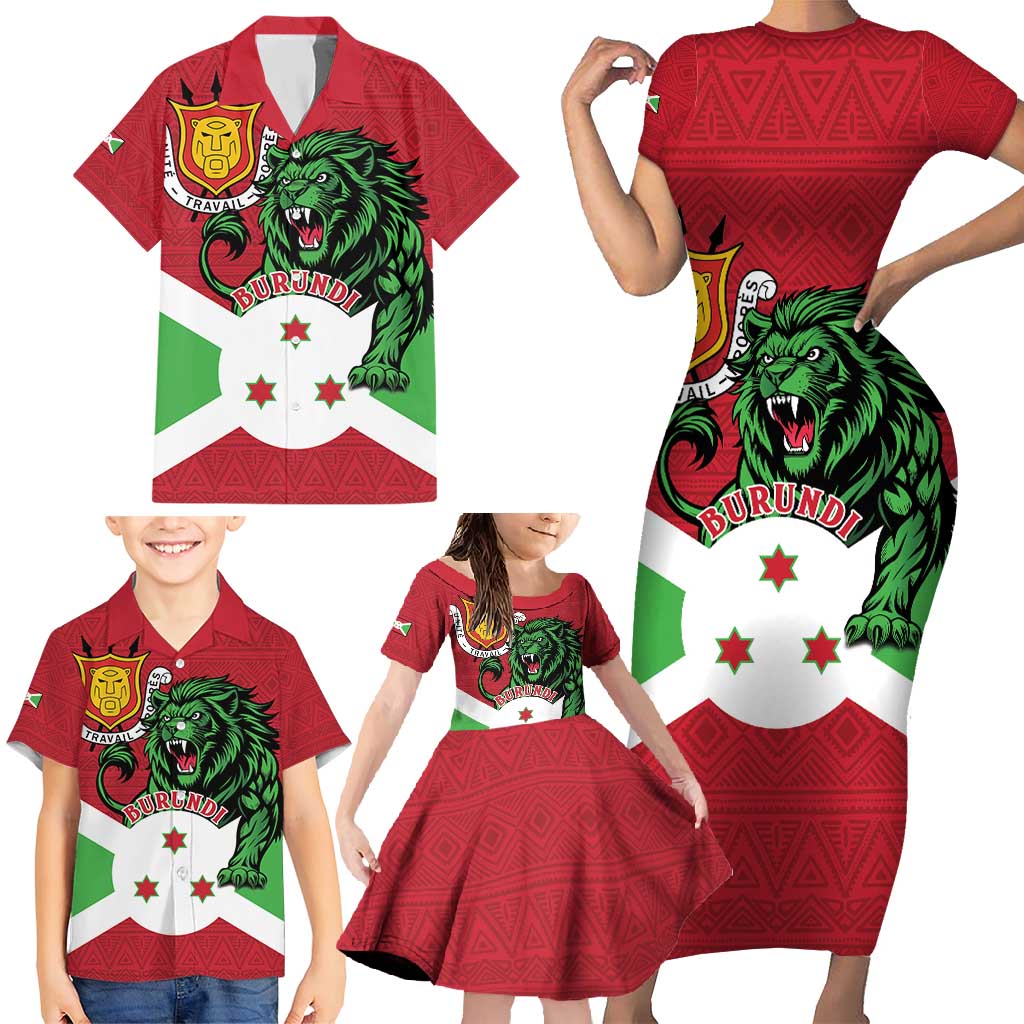 Personalized Burundi Family Matching Short Sleeve Bodycon Dress and Hawaiian Shirt Lion and Coat Of Arms - Flag Style