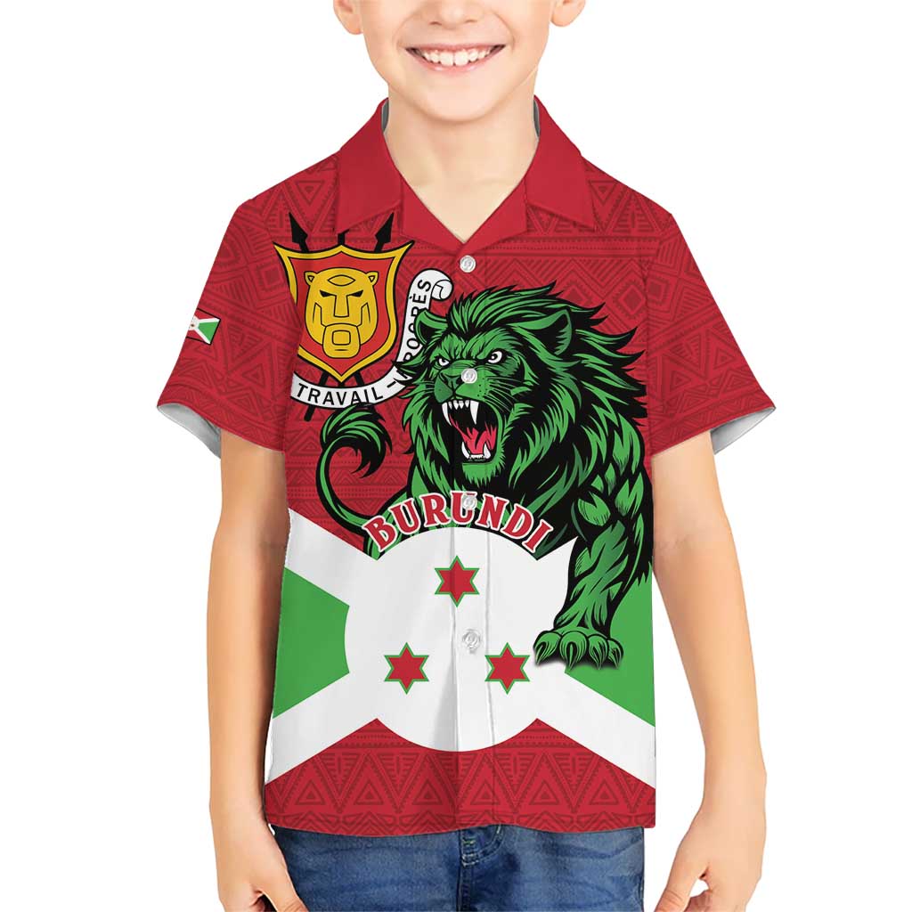 Personalized Burundi Kid Hawaiian Shirt Lion and Coat Of Arms - Flag Style