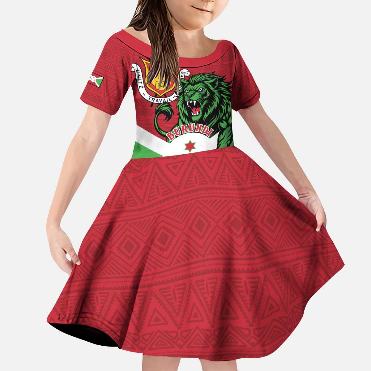 Personalized Burundi Kid Short Sleeve Dress Lion and Coat Of Arms - Flag Style