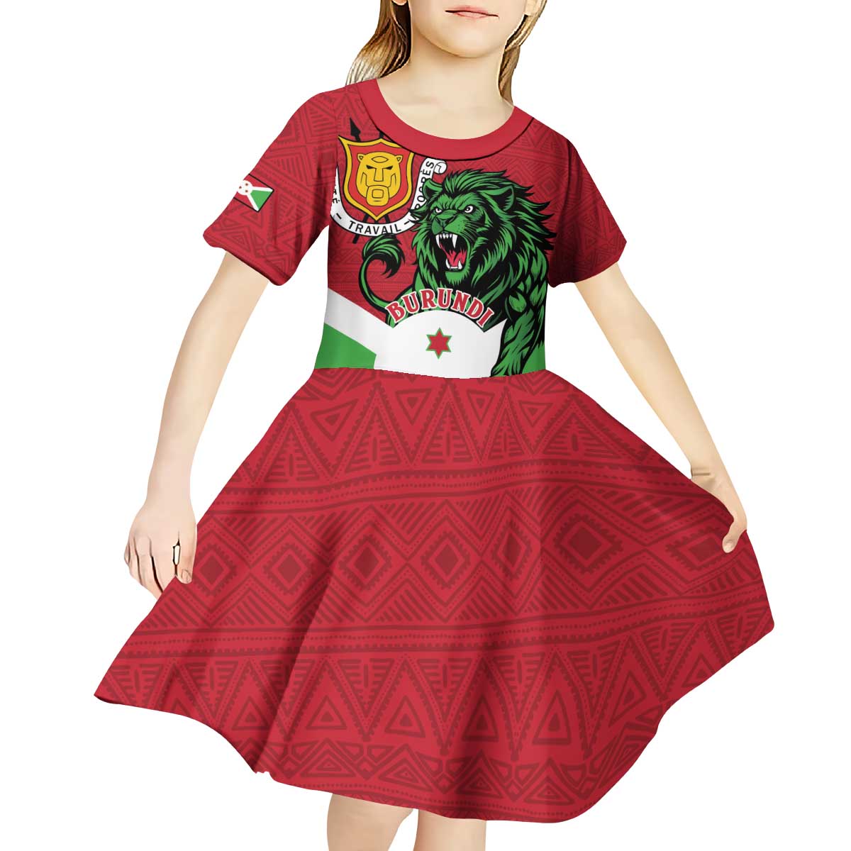 Personalized Burundi Kid Short Sleeve Dress Lion and Coat Of Arms - Flag Style