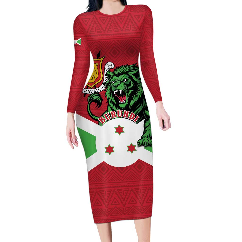 Personalized Burundi Long Sleeve Bodycon Dress Lion and Coat Of Arms - Flag Style