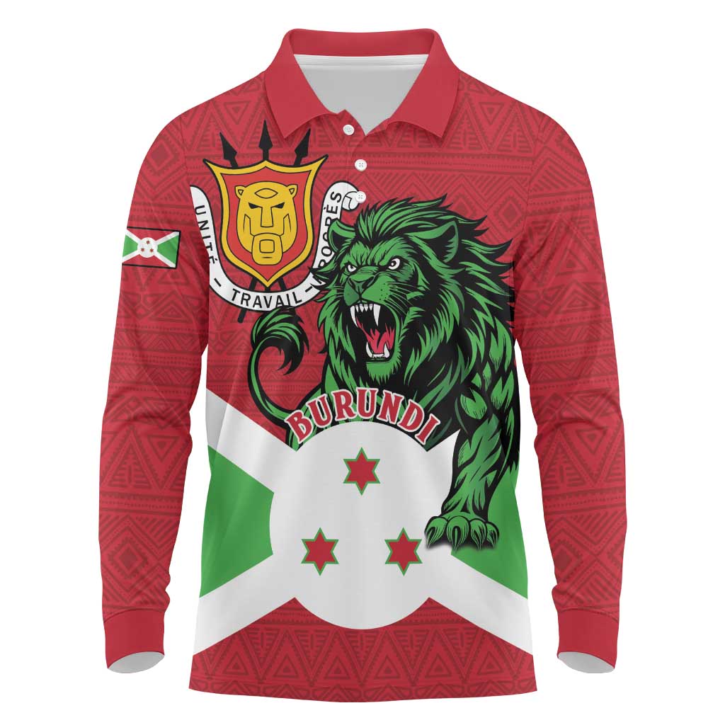 Personalized Burundi Long Sleeve Polo Shirt Lion and Coat Of Arms - Flag Style