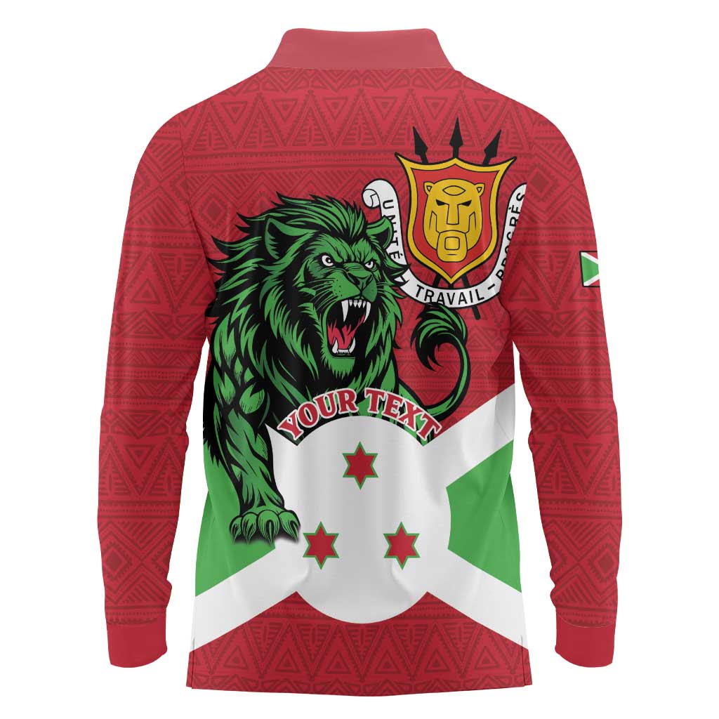 Personalized Burundi Long Sleeve Polo Shirt Lion and Coat Of Arms - Flag Style