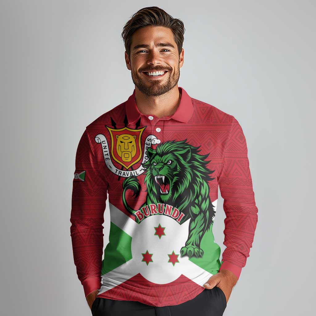 Personalized Burundi Long Sleeve Polo Shirt Lion and Coat Of Arms - Flag Style