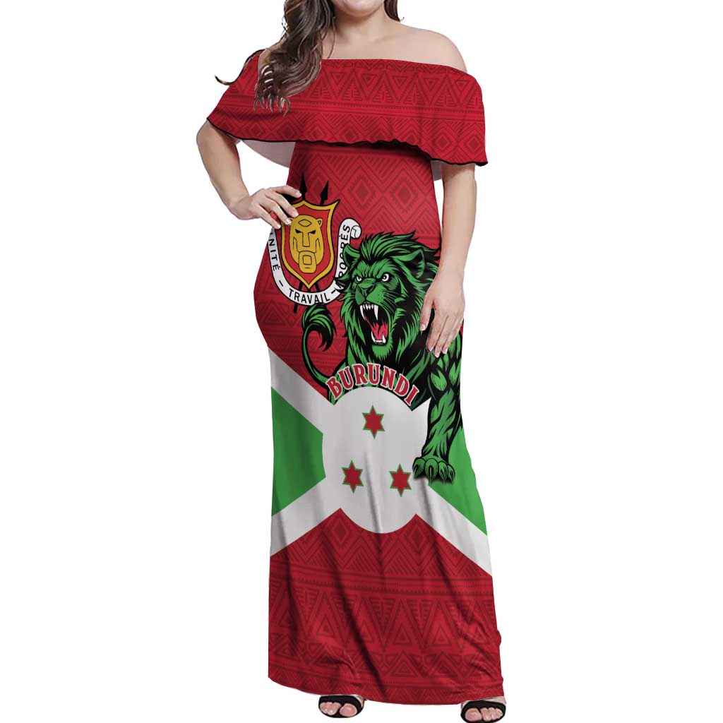 Personalized Burundi Off Shoulder Maxi Dress Lion and Coat Of Arms - Flag Style
