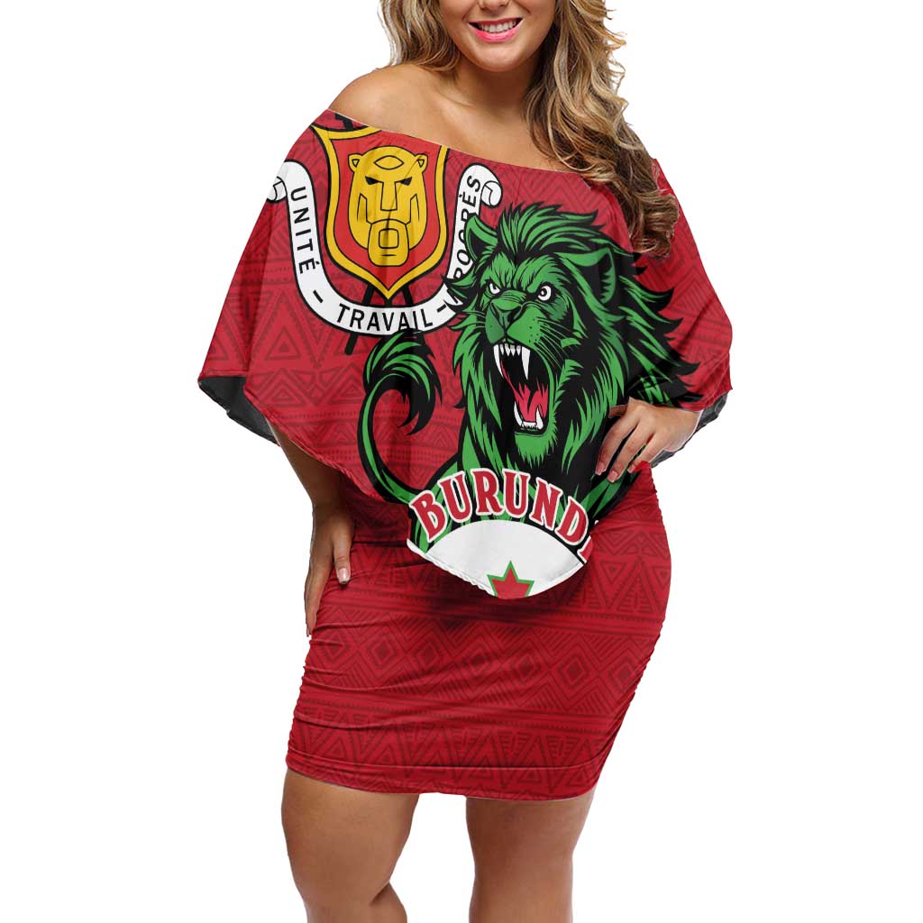 Personalized Burundi Off Shoulder Short Dress Lion and Coat Of Arms - Flag Style
