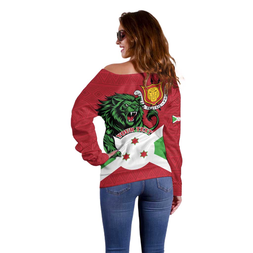 Personalized Burundi Off Shoulder Sweater Lion and Coat Of Arms - Flag Style