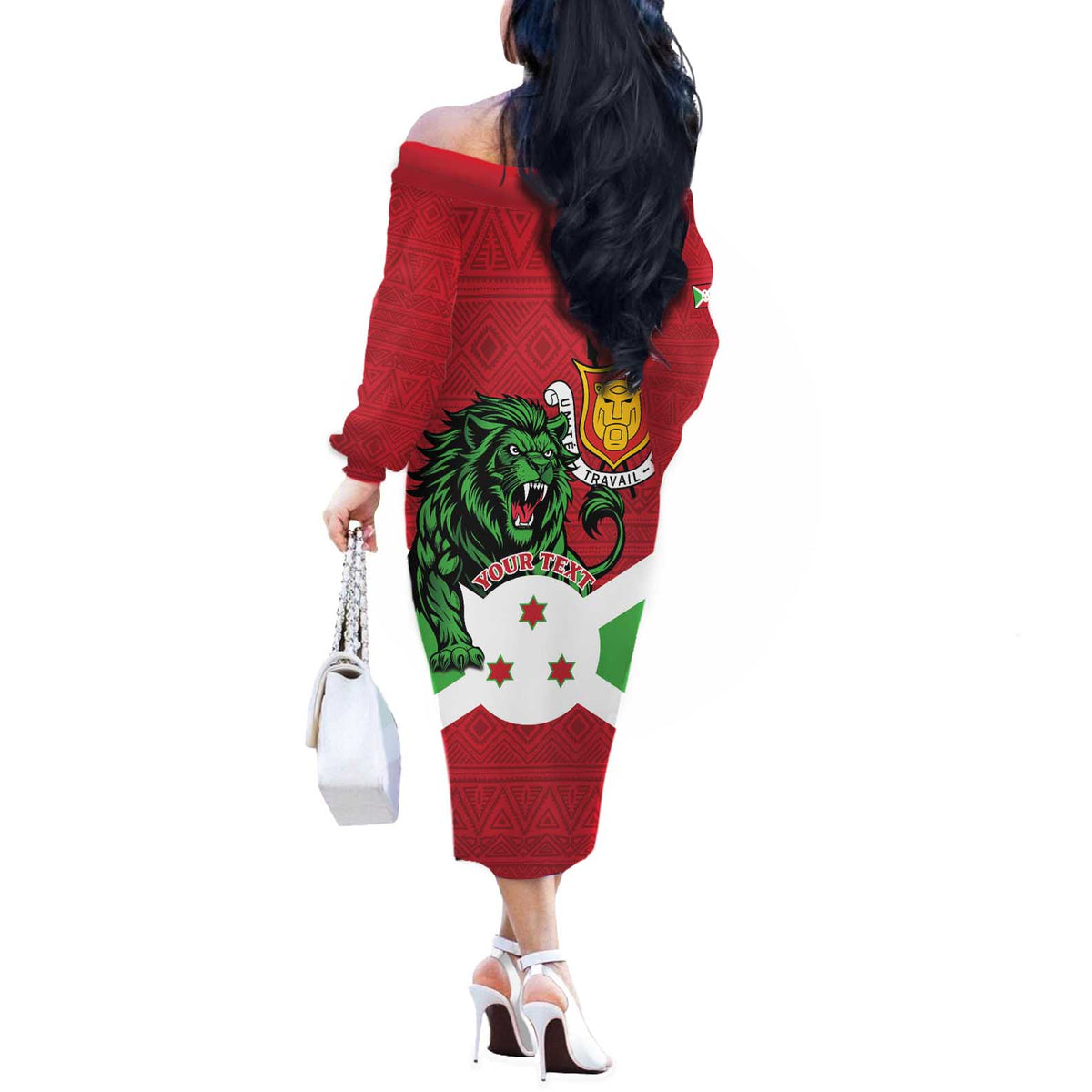 Personalized Burundi Off The Shoulder Long Sleeve Dress Lion and Coat Of Arms - Flag Style
