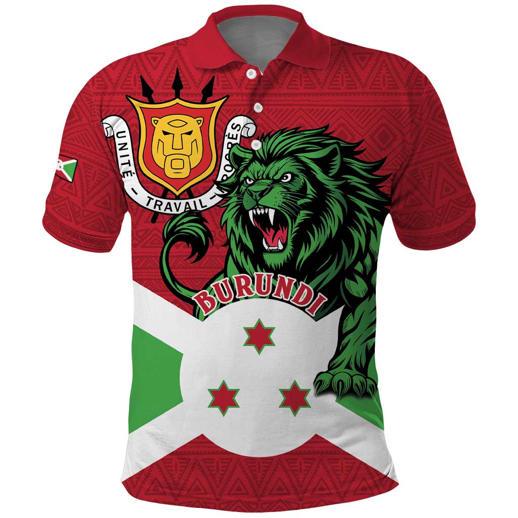 Personalized Burundi Polo Shirt Lion and Coat Of Arms - Flag Style