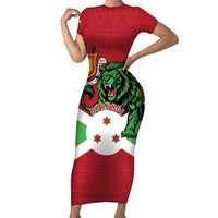 Personalized Burundi Short Sleeve Bodycon Dress Lion and Coat Of Arms - Flag Style