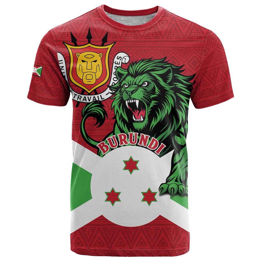 Personalized Burundi T Shirt Lion and Coat Of Arms - Flag Style