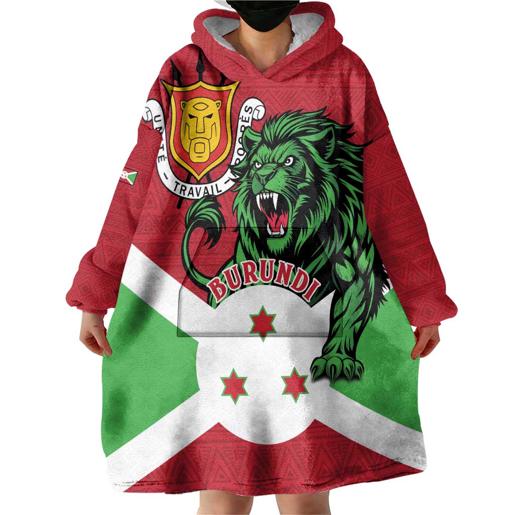 Personalized Burundi Wearable Blanket Hoodie Lion and Coat Of Arms - Flag Style