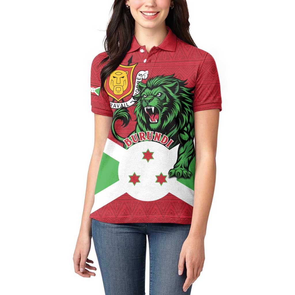 Personalized Burundi Women Polo Shirt Lion and Coat Of Arms - Flag Style