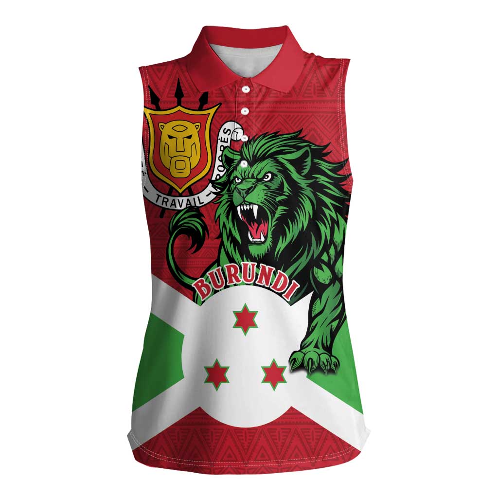 Personalized Burundi Women Sleeveless Polo Shirt Lion and Coat Of Arms - Flag Style