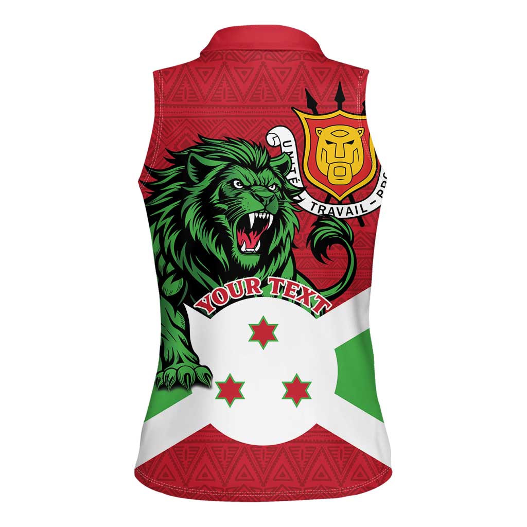 Personalized Burundi Women Sleeveless Polo Shirt Lion and Coat Of Arms - Flag Style