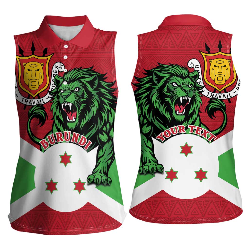 Personalized Burundi Women Sleeveless Polo Shirt Lion and Coat Of Arms - Flag Style