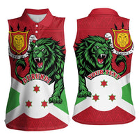 Personalized Burundi Women Sleeveless Polo Shirt Lion and Coat Of Arms - Flag Style
