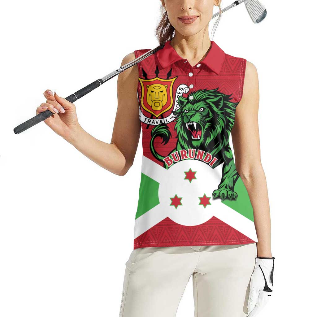 Personalized Burundi Women Sleeveless Polo Shirt Lion and Coat Of Arms - Flag Style