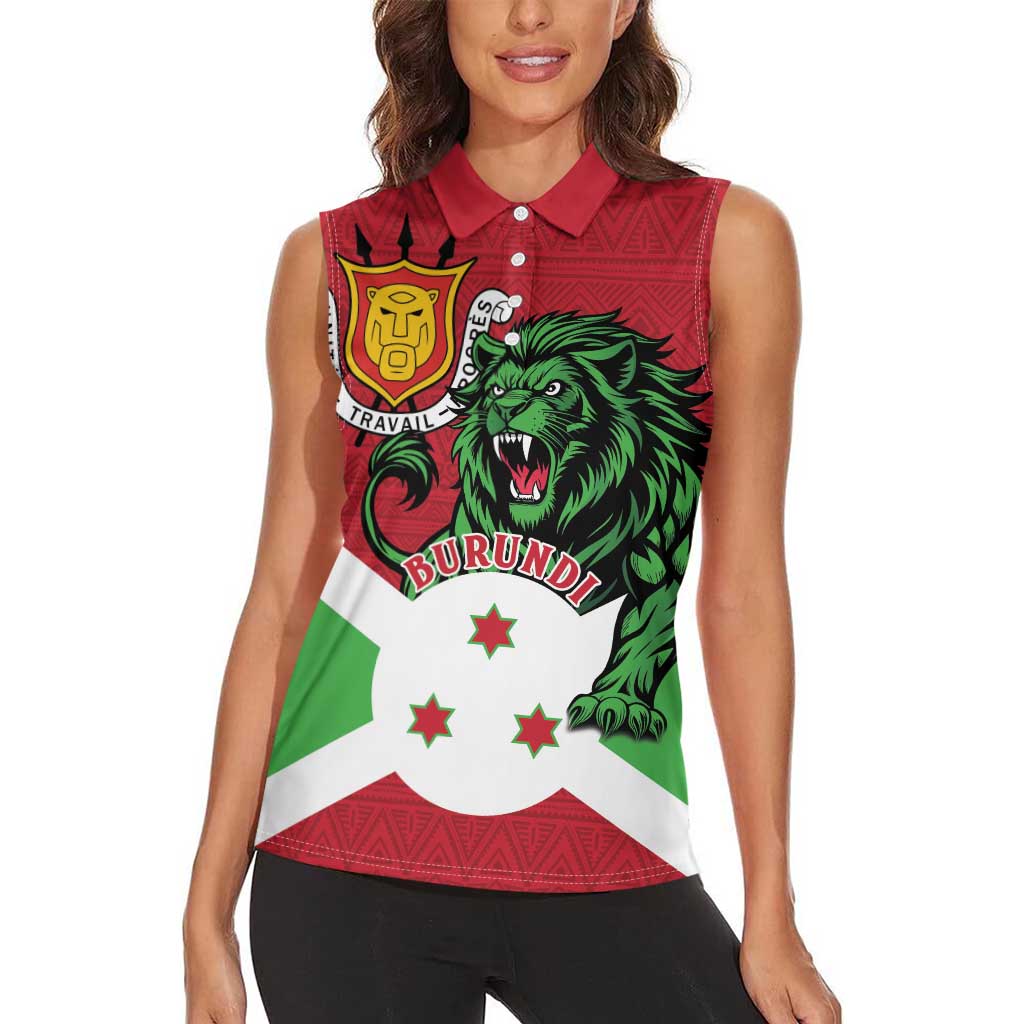 Personalized Burundi Women Sleeveless Polo Shirt Lion and Coat Of Arms - Flag Style