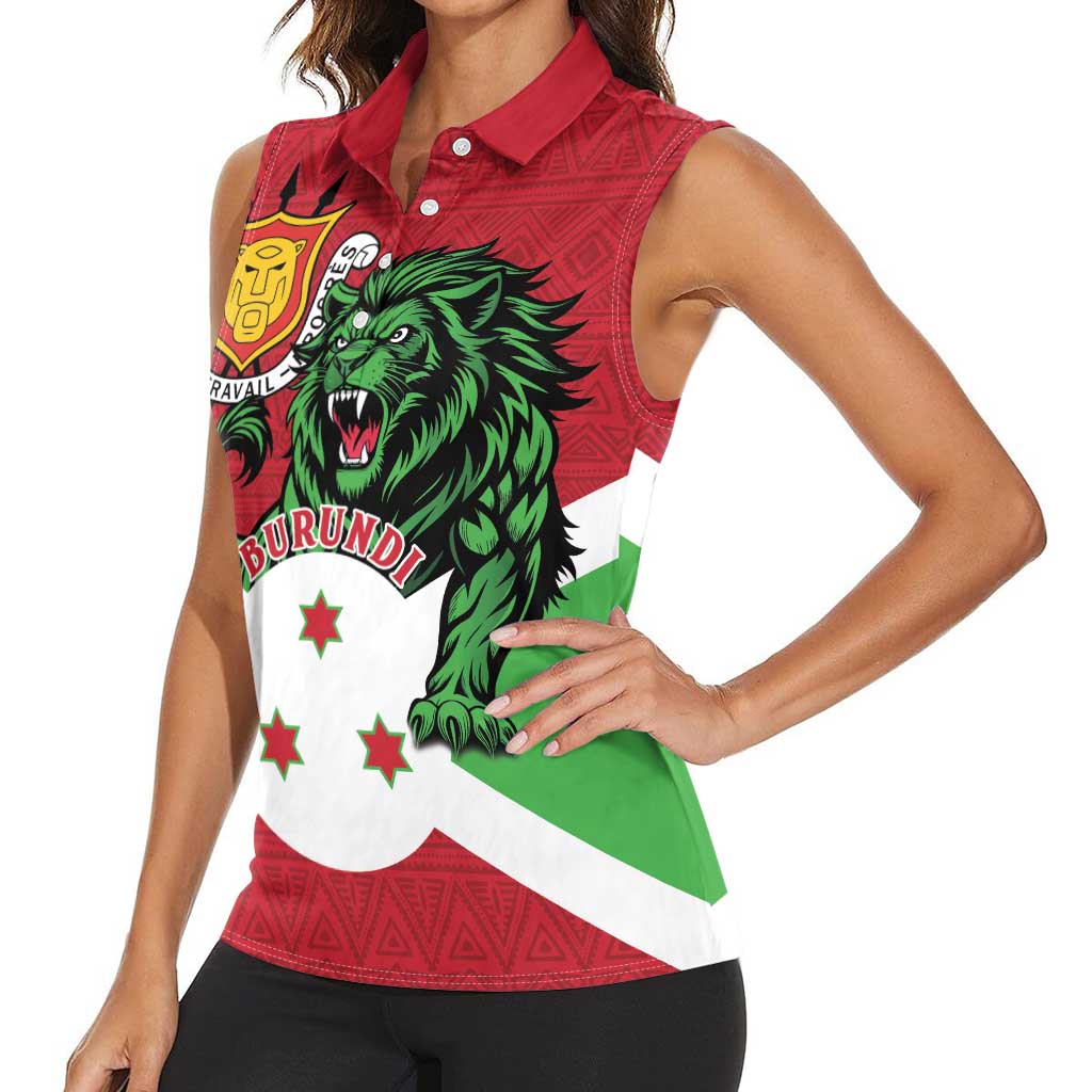 Personalized Burundi Women Sleeveless Polo Shirt Lion and Coat Of Arms - Flag Style