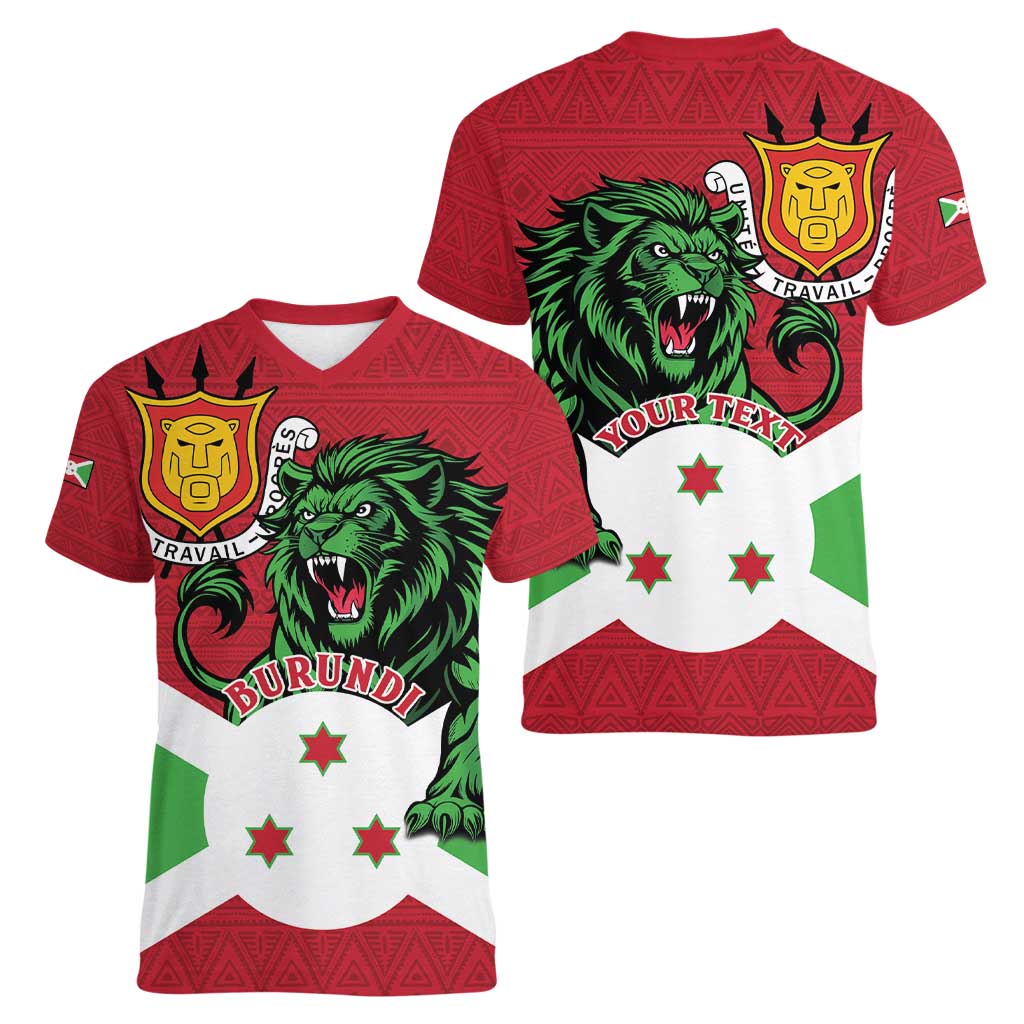 Personalized Burundi Women V-Neck T-Shirt Lion and Coat Of Arms - Flag Style