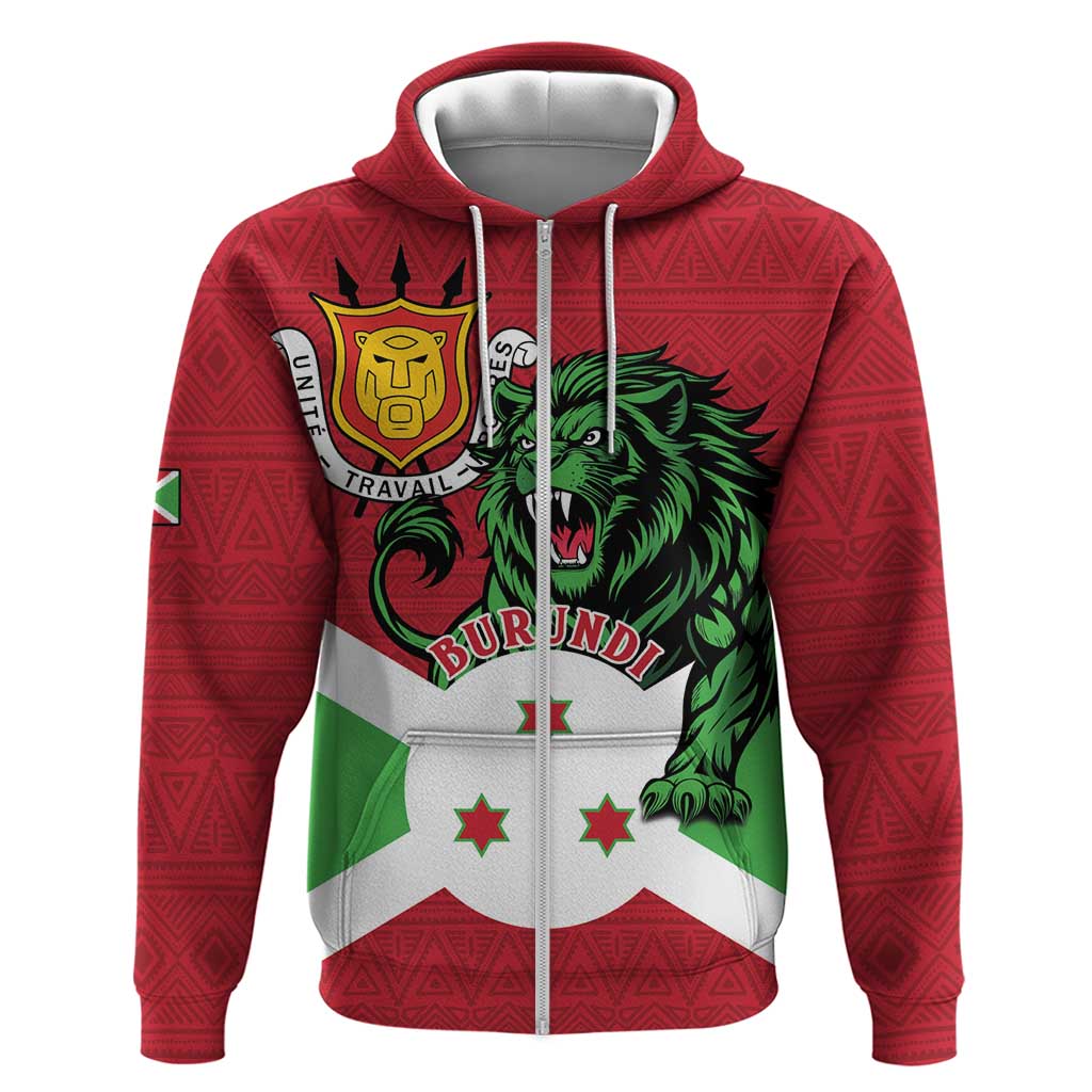 Personalized Burundi Zip Hoodie Lion and Coat Of Arms - Flag Style