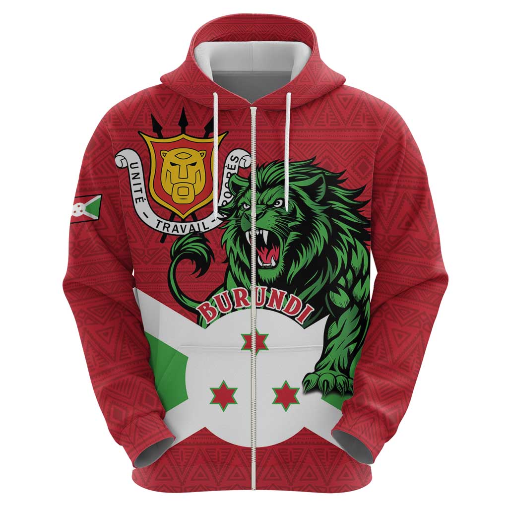 Personalized Burundi Zip Hoodie Lion and Coat Of Arms - Flag Style