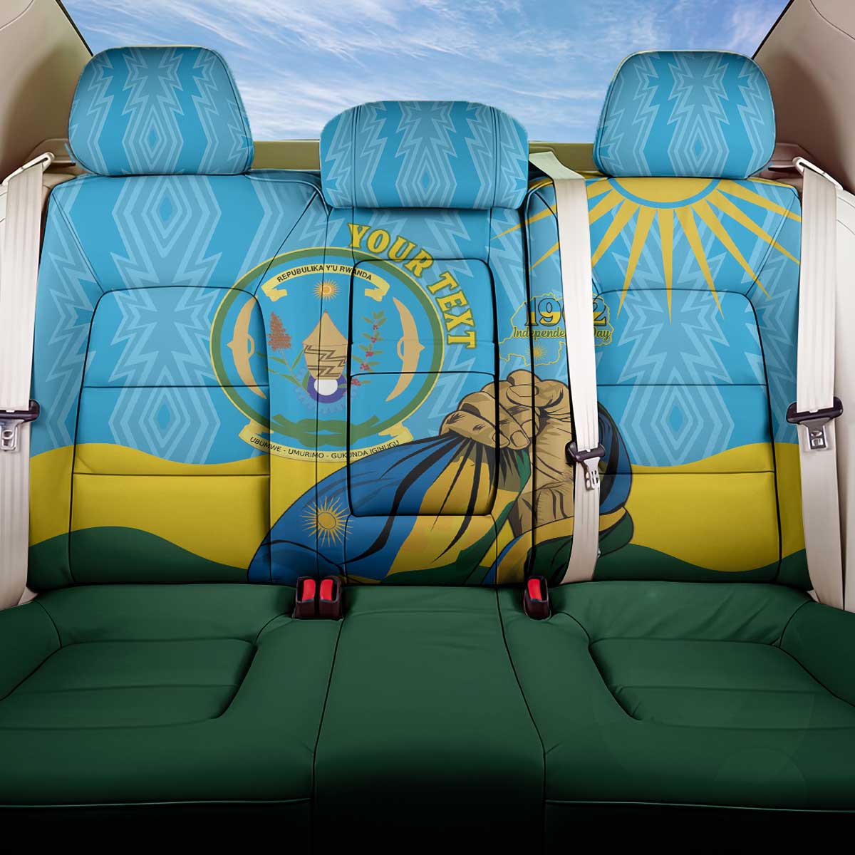 Personalized Rwanda Independence Day Back Car Seat Cover Coat Of Arms Imigongo Pattern