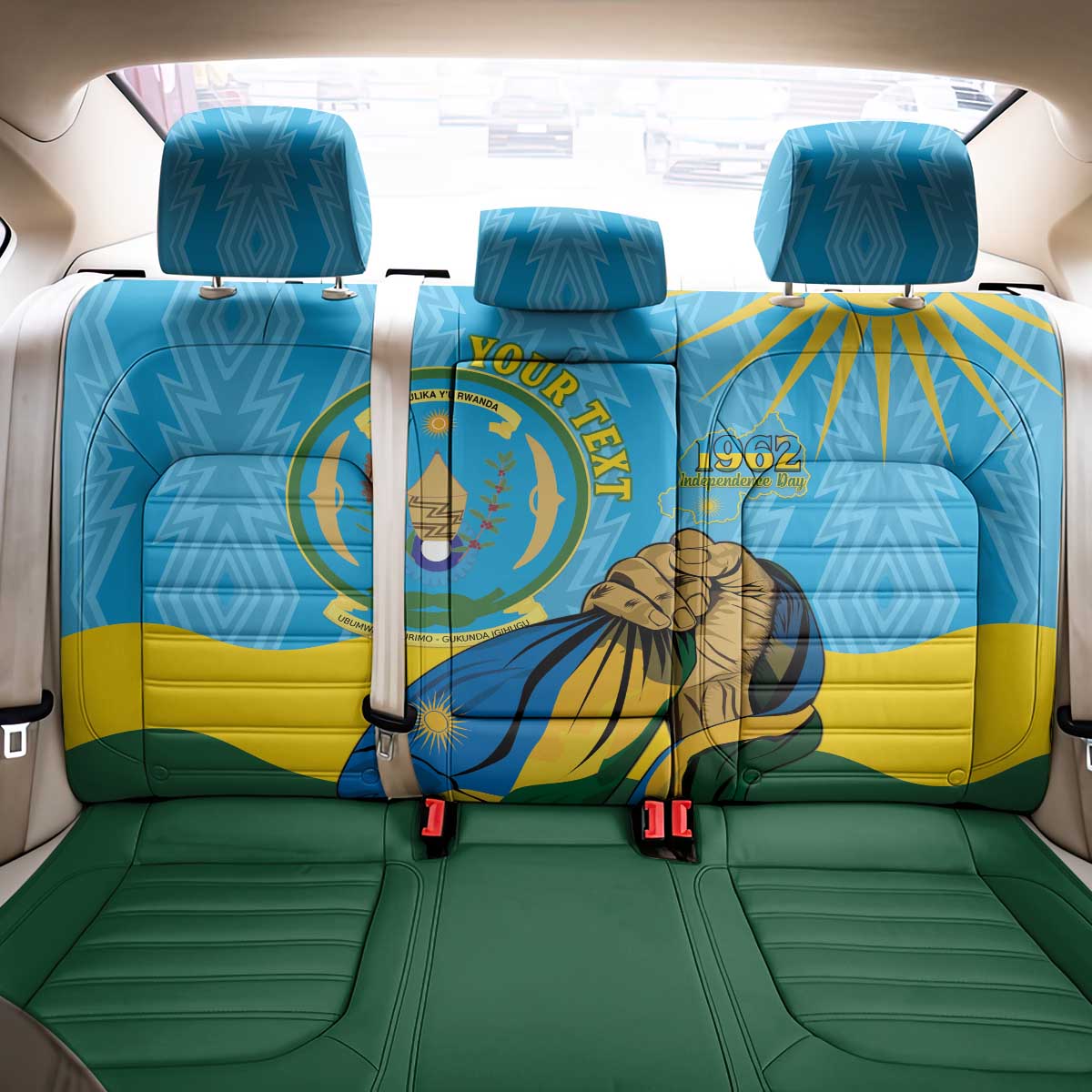 Personalized Rwanda Independence Day Back Car Seat Cover Coat Of Arms Imigongo Pattern