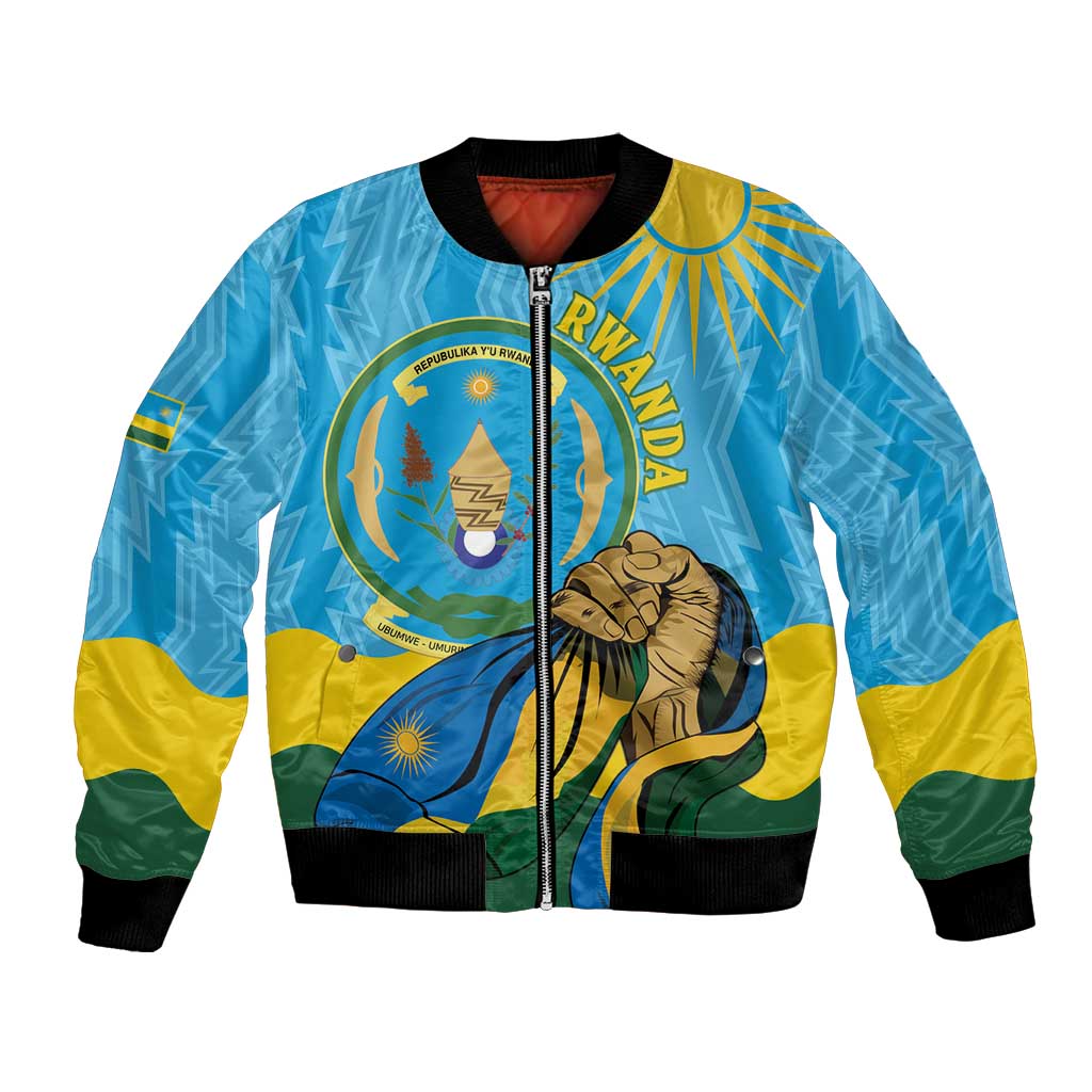 Personalized Rwanda Independence Day Bomber Jacket Coat Of Arms Imigongo Pattern