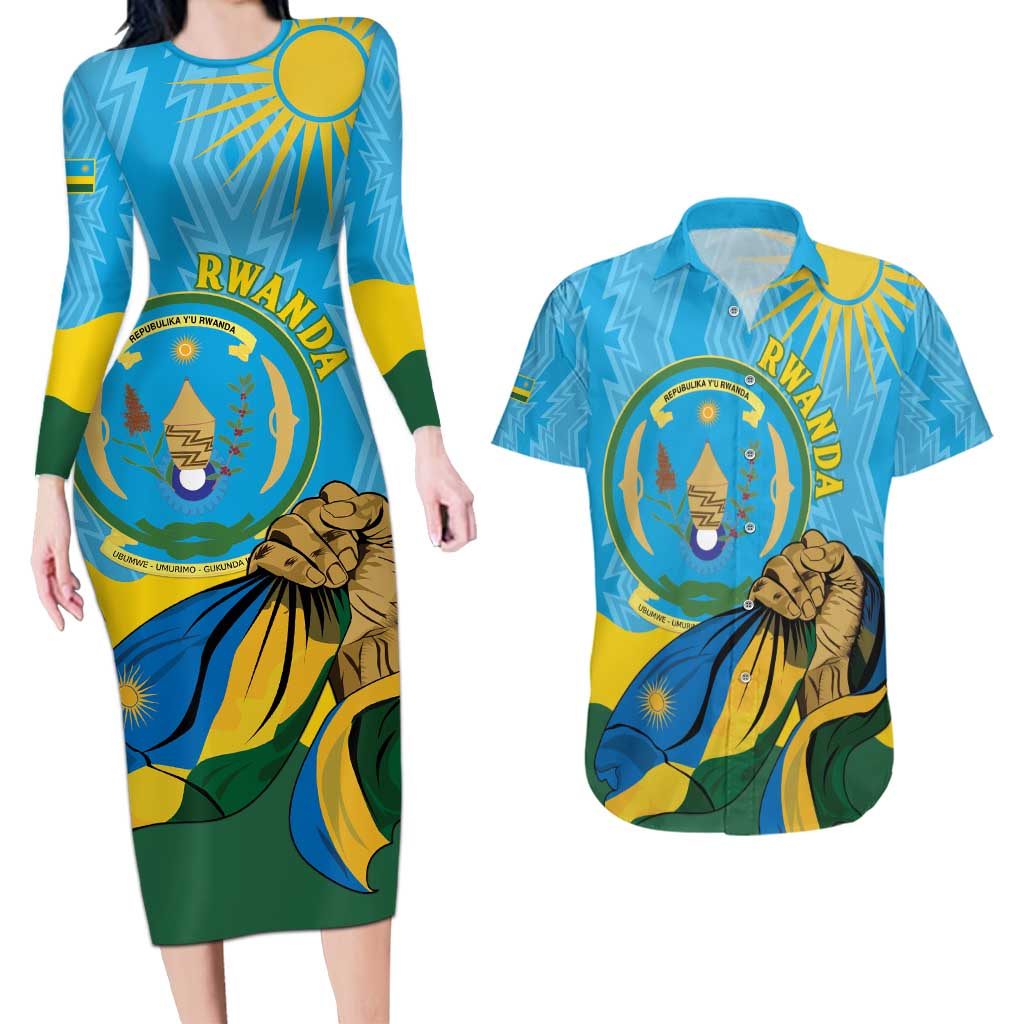 Personalized Rwanda Independence Day Couples Matching Long Sleeve Bodycon Dress and Hawaiian Shirt Coat Of Arms Imigongo Pattern