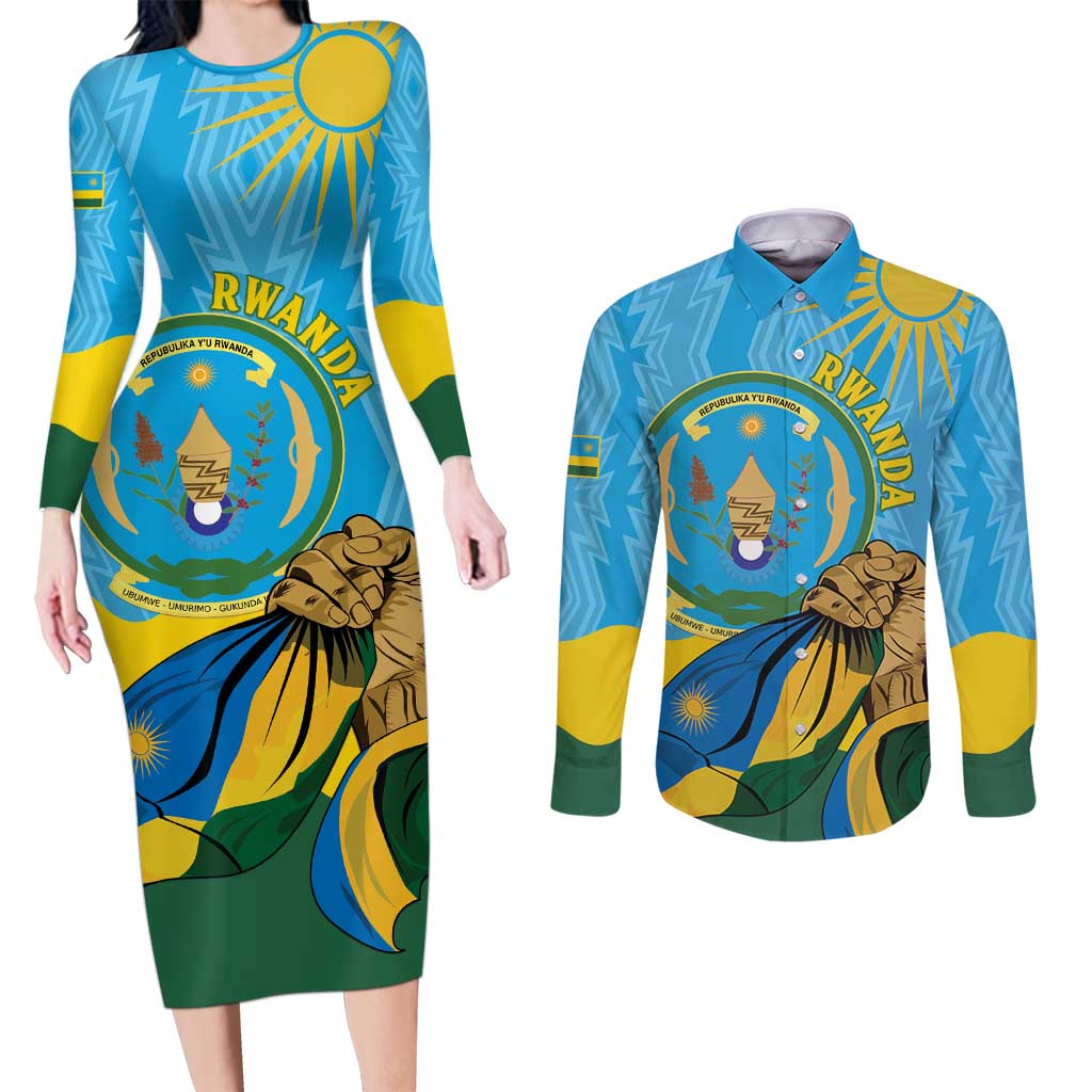Personalized Rwanda Independence Day Couples Matching Long Sleeve Bodycon Dress and Long Sleeve Button Shirt Coat Of Arms Imigongo Pattern