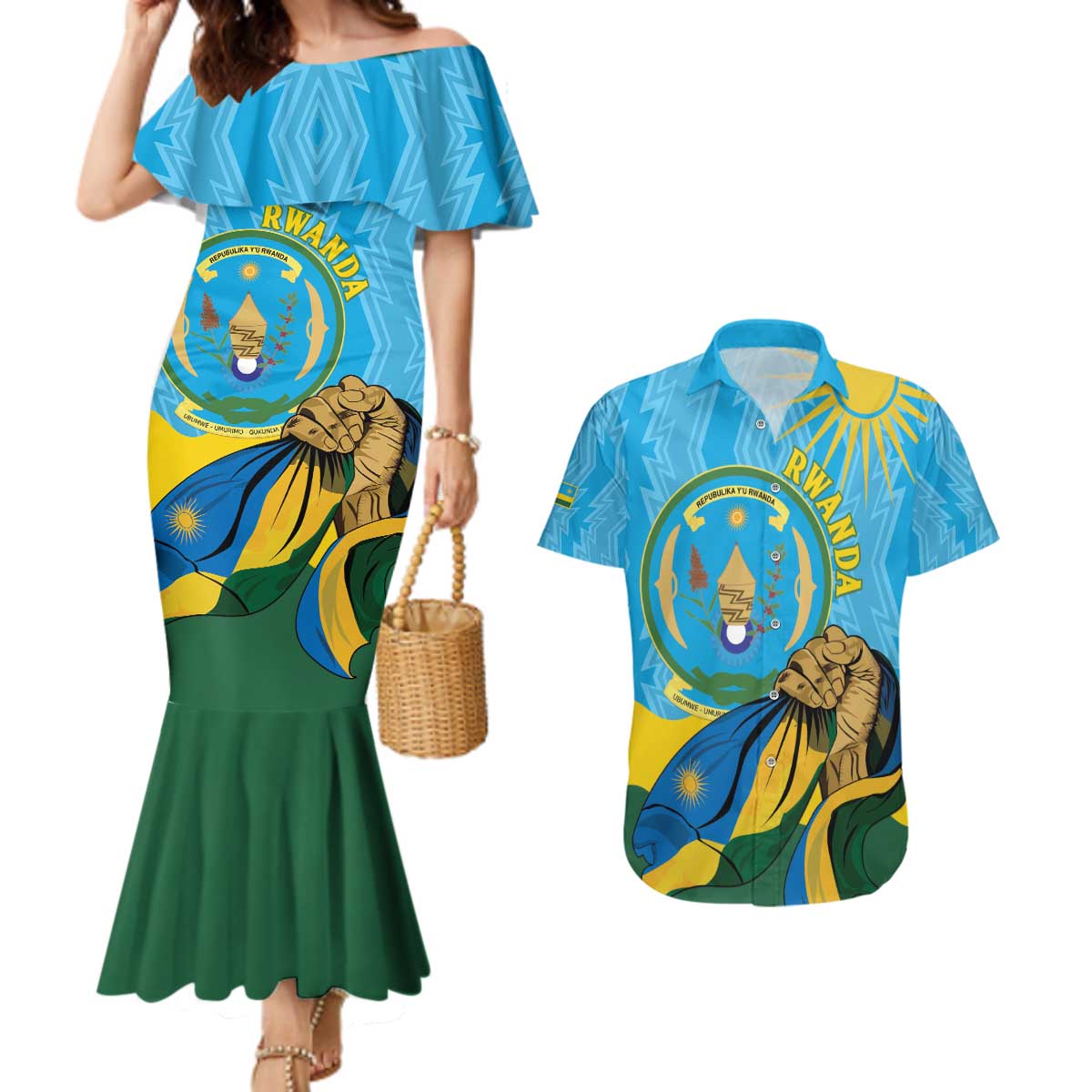 Personalized Rwanda Independence Day Couples Matching Mermaid Dress and Hawaiian Shirt Coat Of Arms Imigongo Pattern