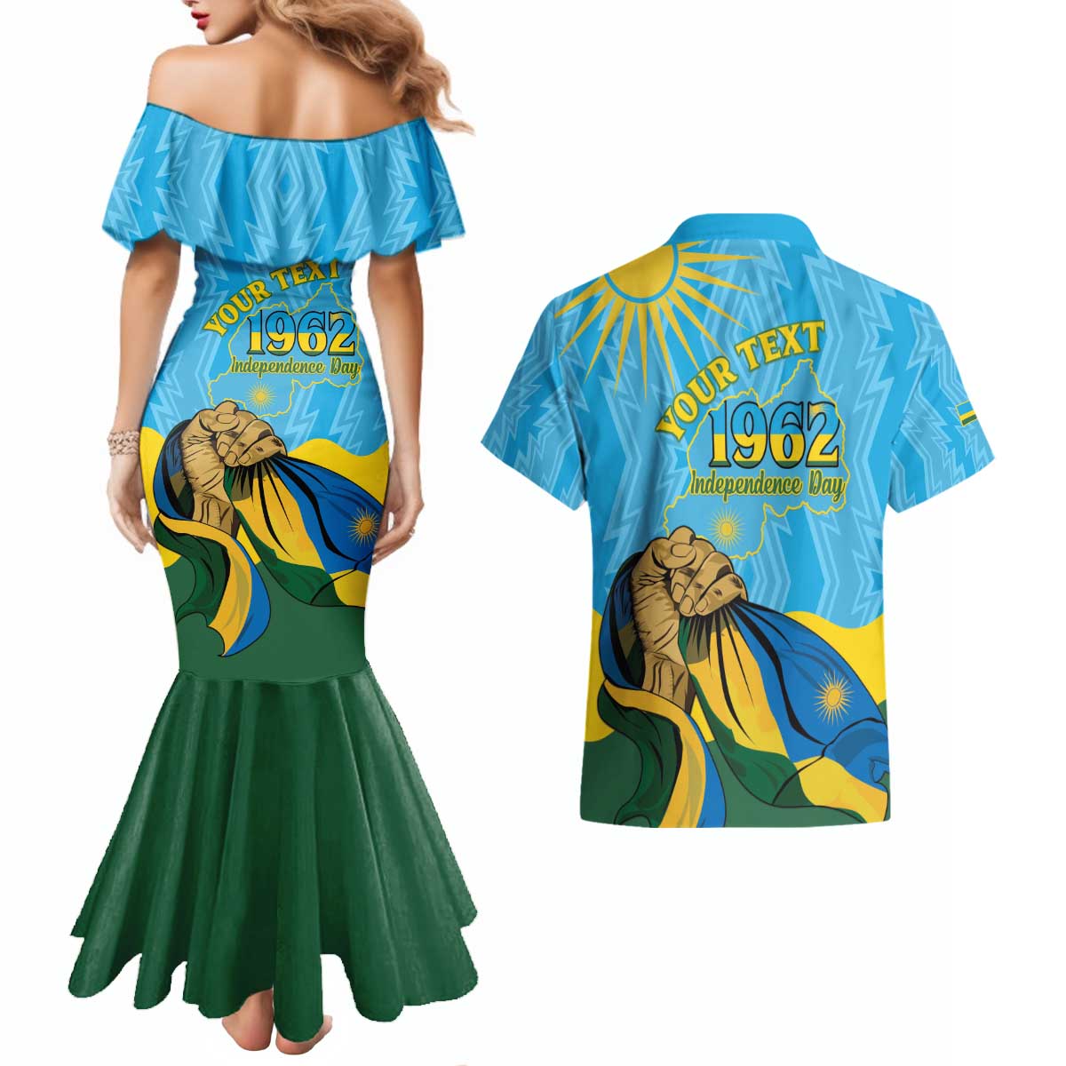 Personalized Rwanda Independence Day Couples Matching Mermaid Dress and Hawaiian Shirt Coat Of Arms Imigongo Pattern