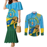 Personalized Rwanda Independence Day Couples Matching Mermaid Dress and Long Sleeve Button Shirt Coat Of Arms Imigongo Pattern