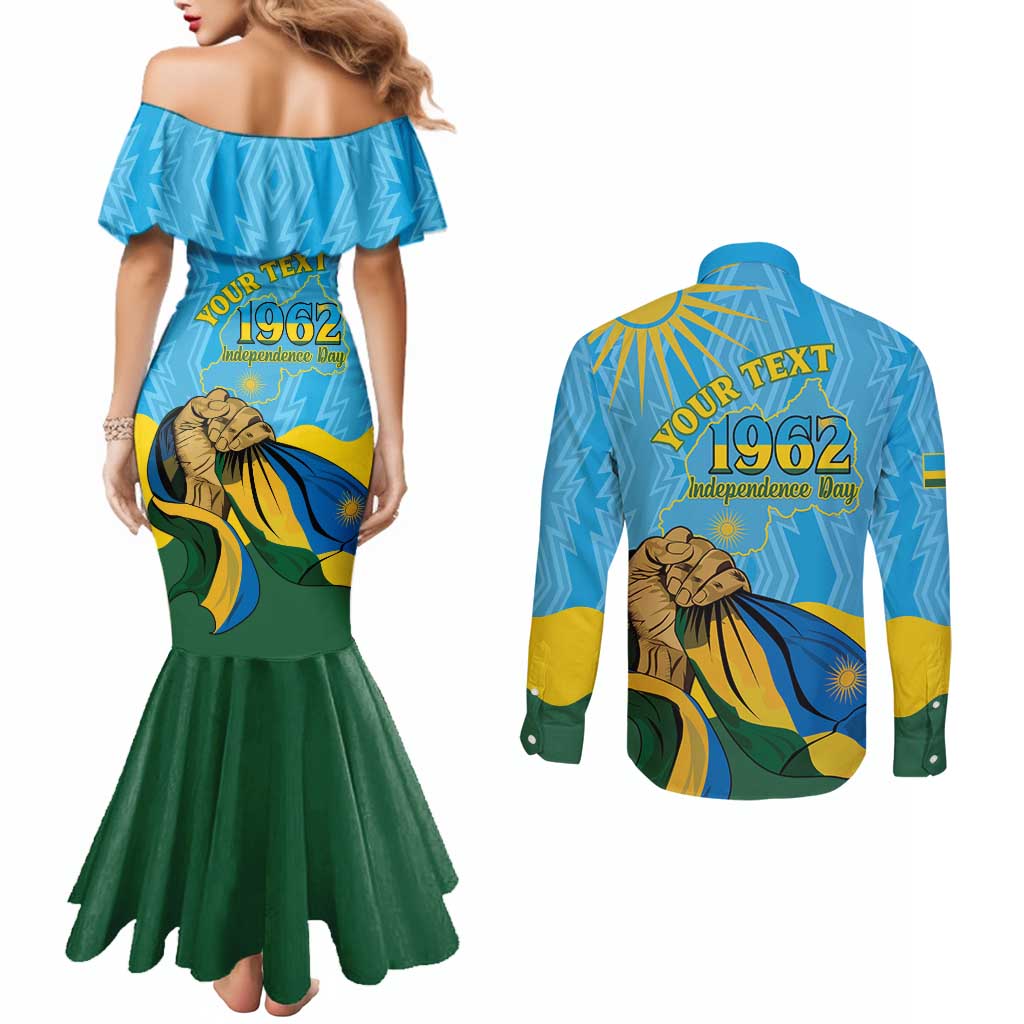 Personalized Rwanda Independence Day Couples Matching Mermaid Dress and Long Sleeve Button Shirt Coat Of Arms Imigongo Pattern