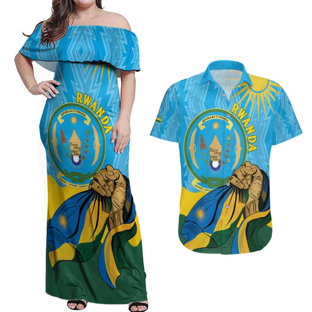 Personalized Rwanda Independence Day Couples Matching Off Shoulder Maxi Dress and Hawaiian Shirt Coat Of Arms Imigongo Pattern