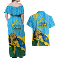 Personalized Rwanda Independence Day Couples Matching Off Shoulder Maxi Dress and Hawaiian Shirt Coat Of Arms Imigongo Pattern