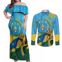 Personalized Rwanda Independence Day Couples Matching Off Shoulder Maxi Dress and Long Sleeve Button Shirt Coat Of Arms Imigongo Pattern