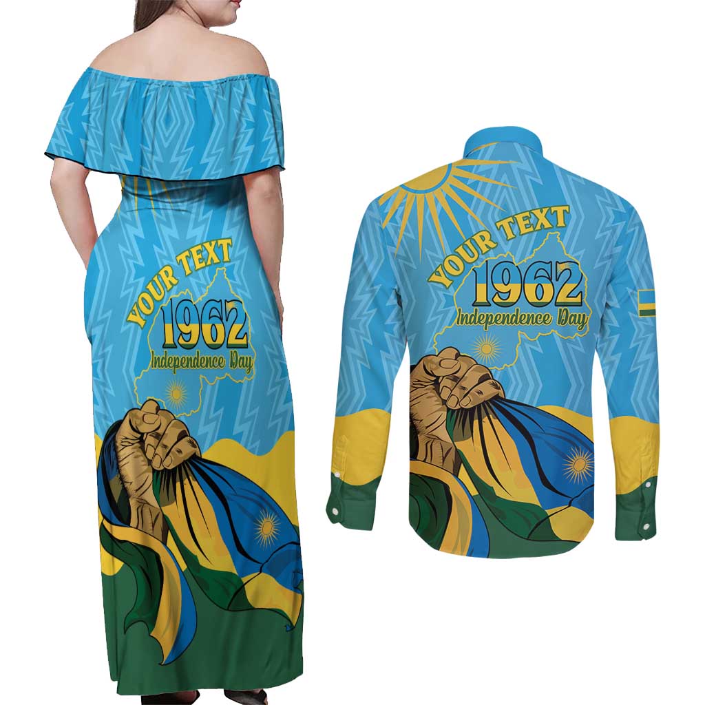 Personalized Rwanda Independence Day Couples Matching Off Shoulder Maxi Dress and Long Sleeve Button Shirt Coat Of Arms Imigongo Pattern