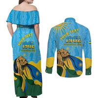 Personalized Rwanda Independence Day Couples Matching Off Shoulder Maxi Dress and Long Sleeve Button Shirt Coat Of Arms Imigongo Pattern