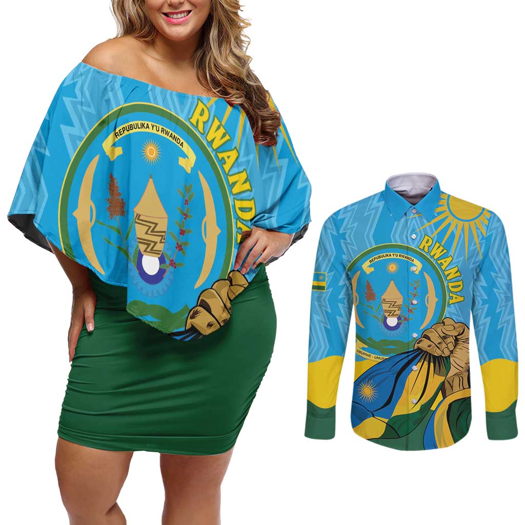 Personalized Rwanda Independence Day Couples Matching Off Shoulder Short Dress and Long Sleeve Button Shirt Coat Of Arms Imigongo Pattern